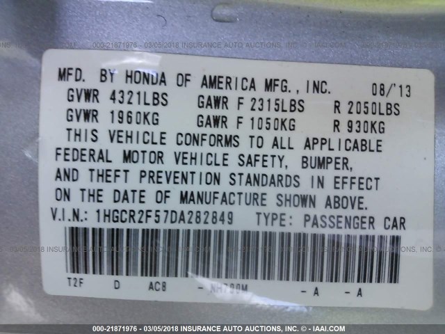 1HGCR2F57DA282849 - 2013 HONDA ACCORD SPORT SILVER photo 9