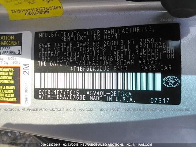 4T1BF3EK3BU219450 - 2011 TOYOTA CAMRY SE/LE/XLE SILVER photo 9