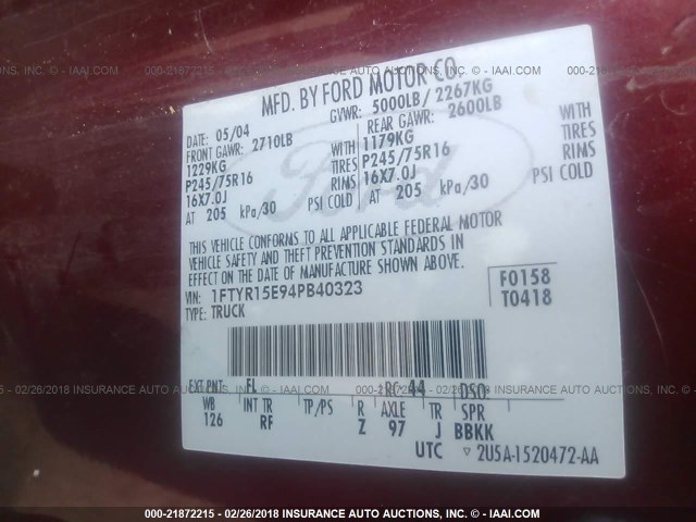 1FTYR15E94PB40323 - 2004 FORD RANGER SUPER CAB RED photo 9