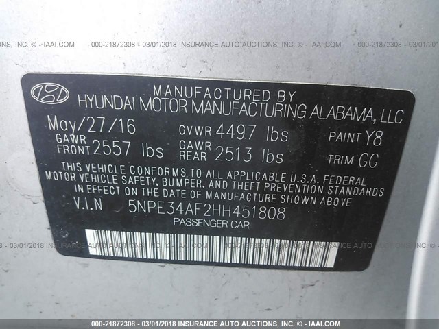 5NPE34AF2HH451808 - 2017 HYUNDAI SONATA SPORT/LIMITED SILVER photo 9