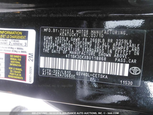 4T1BK3EKXBU118868 - 2011 TOYOTA CAMRY SE/LE/XLE BLACK photo 9