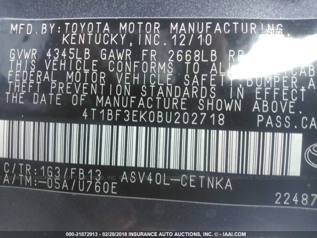4T1BF3EK0BU202718 - 2011 TOYOTA CAMRY SE/LE/XLE Сұр фото 9