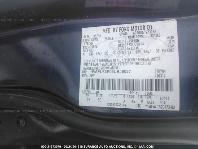 1FMEU63E06UB49087 - 2006 FORD EXPLORER XLT BLUE photo 9