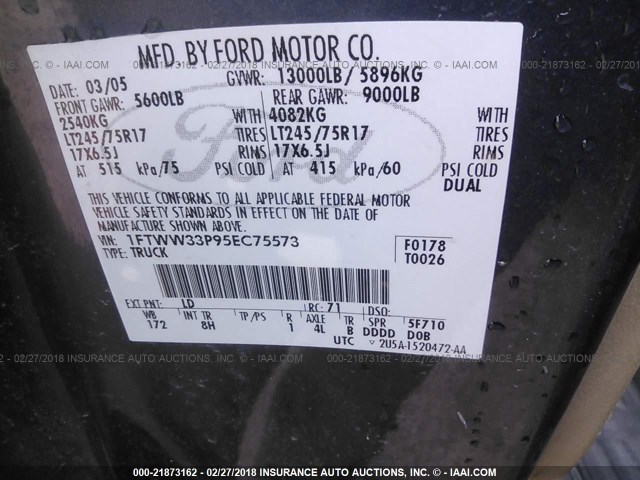 1FTWW33P95EC75573 - 2005 FORD F350 SUPER DUTY BLUE photo 10