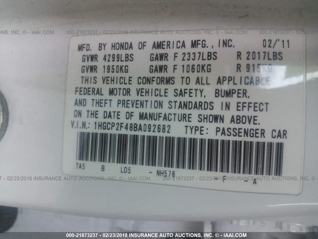 1HGCP2F48BA092682 - 2011 HONDA ACCORD LXP WHITE photo 9