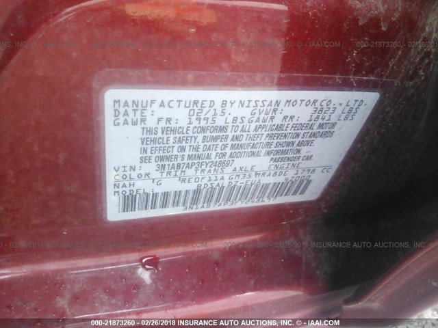 3N1AB7AP3FY248697 - 2015 NISSAN SENTRA S/SV/SR/SL RED photo 9