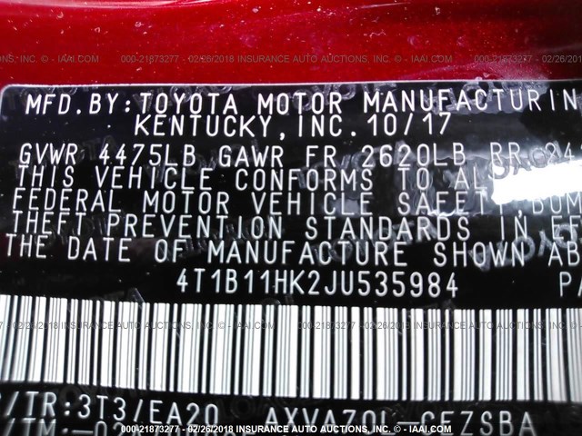 4T1B11HK2JU535984 - 2018 TOYOTA CAMRY L/LE/XLE/SE/XSE RED photo 9