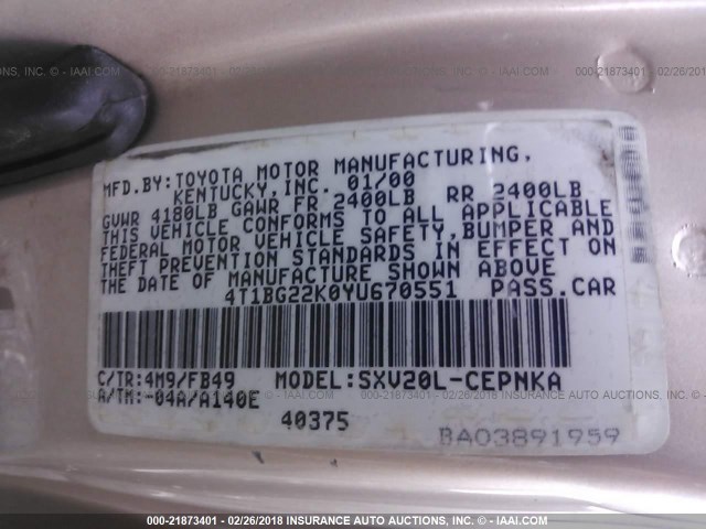 4T1BG22K0YU670551 - 2000 TOYOTA CAMRY CE/LE/XLE ოქროსფერი ფოტო 9