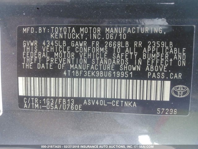 4T1BF3EK9BU619951 - 2011 TOYOTA CAMRY SE/LE/XLE 灰色 照片 9