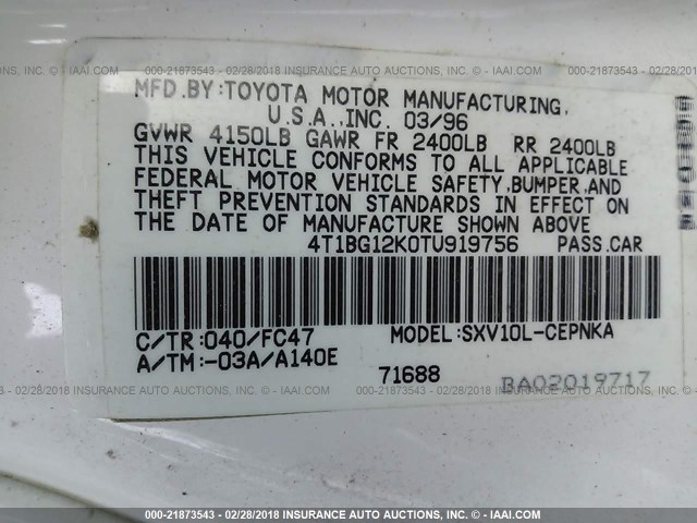 4T1BG12K0TU919756 - 1996 TOYOTA CAMRY DX/LE/XLE თეთრი ფოტო 9