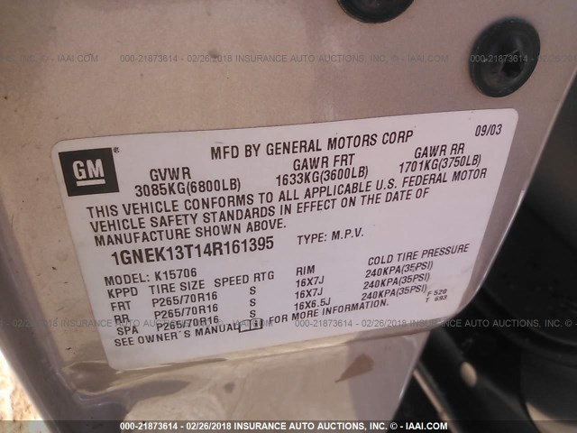 1GNEK13T14R161395 - 2004 CHEVROLET TAHOE K1500 SILVER photo 9