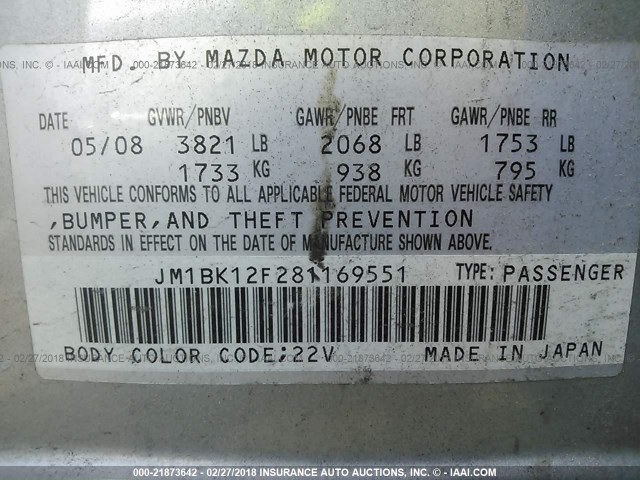 JM1BK12F281169551 - 2008 MAZDA 3 I GRAY photo 9