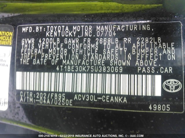 4T1BE30K75U383069 - 2005 TOYOTA CAMRY LE/XLE/SE 黑色 照片 9