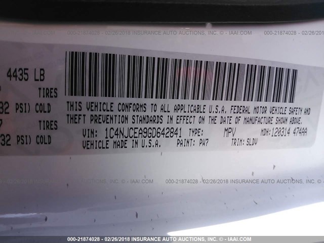 1C4NJCEA9GD642841 - 2016 JEEP COMPASS LATITUDE 白色 照片 9