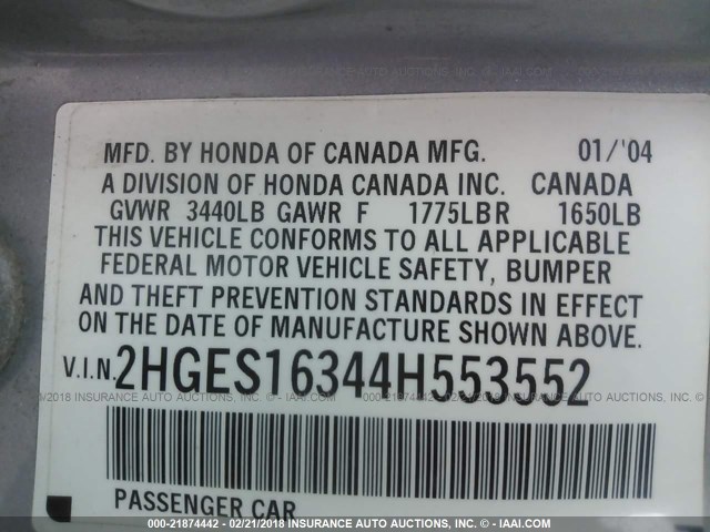 2HGES16344H553552 - 2004 HONDA CIVIC DX VP 银色 照片 9