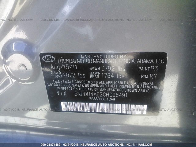 5NPDH4AE2CH096491 - 2012 HYUNDAI ELANTRA GLS/LIMITED GRAY photo 9