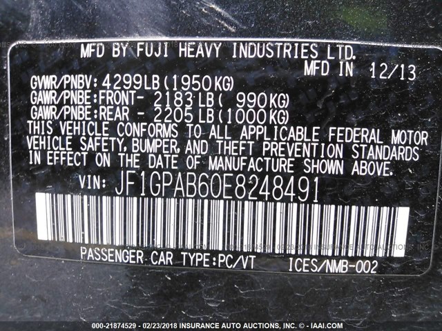 JF1GPAB60E8248491 - 2014 SUBARU IMPREZA PREMIUM GRAY photo 9