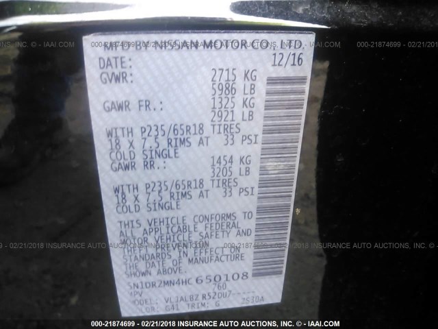 5N1DR2MN4HC650108 - 2017 NISSAN PATHFINDER S/SV/SL/PLATINUM 黑色 照片 9