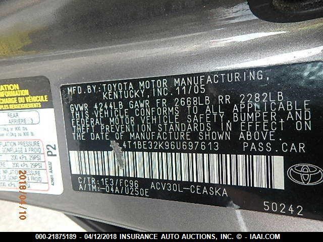 4T1BE32K96U697613 - 2006 TOYOTA CAMRY LE/XLE/SE GRAY photo 9
