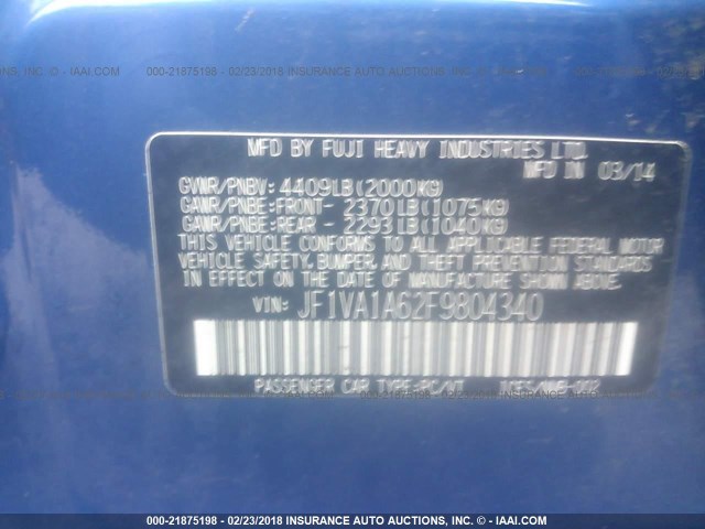 JF1VA1A62F9804340 - 2015 SUBARU WRX BLUE photo 9