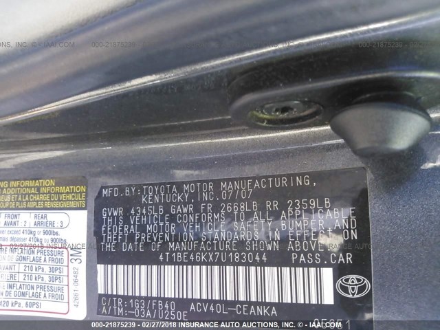 4T1BE46KX7U183044 - 2007 TOYOTA CAMRY NEW GENERATION CE/LE/XLE/SE GRAY photo 9