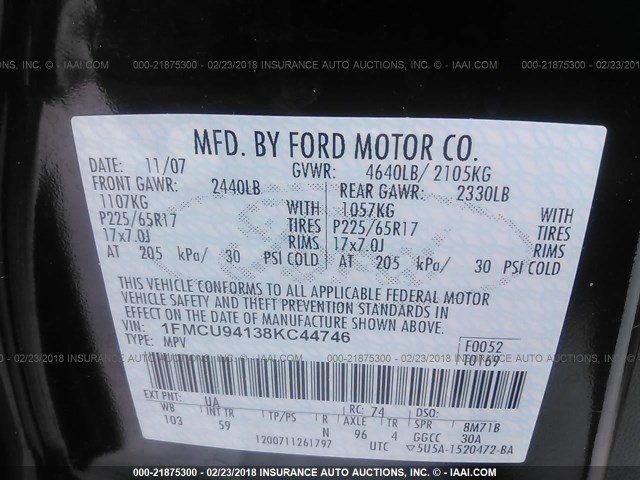 1FMCU94138KC44746 - 2008 FORD ESCAPE LIMITED BLACK photo 9