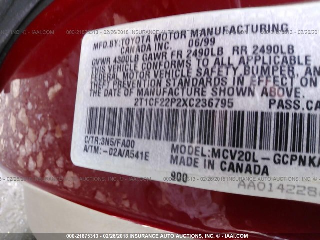 2T1CF22P2XC236795 - 1999 TOYOTA CAMRY SOLARA SE/SLE წითელი ფოტო 9