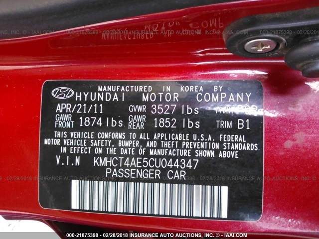 KMHCT4AE5CU044347 - 2012 HYUNDAI ACCENT GLS/GS RED photo 9