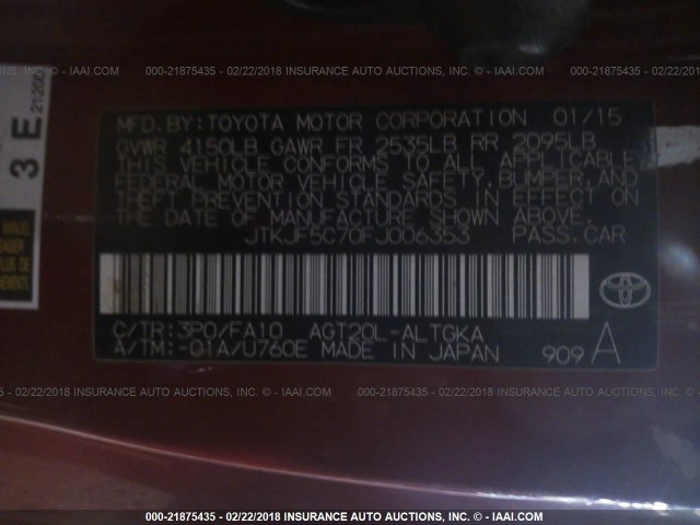 JTKJF5C70FJ006353 - 2015 TOYOTA SCION TC 红色 照片 9