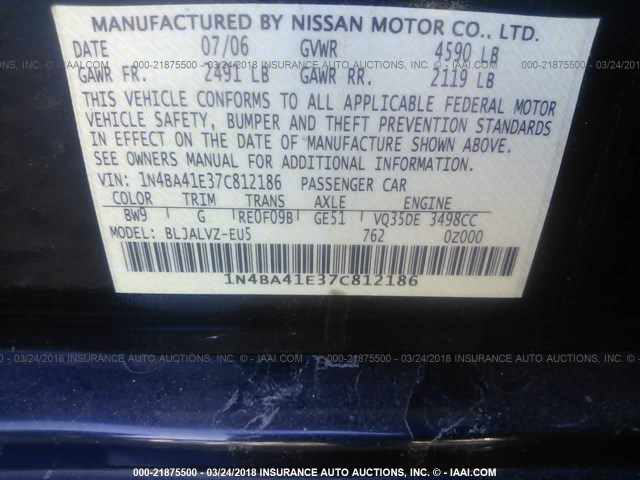 1N4BA41E37C812186 - 2007 NISSAN MAXIMA SE/SL BLUE photo 9