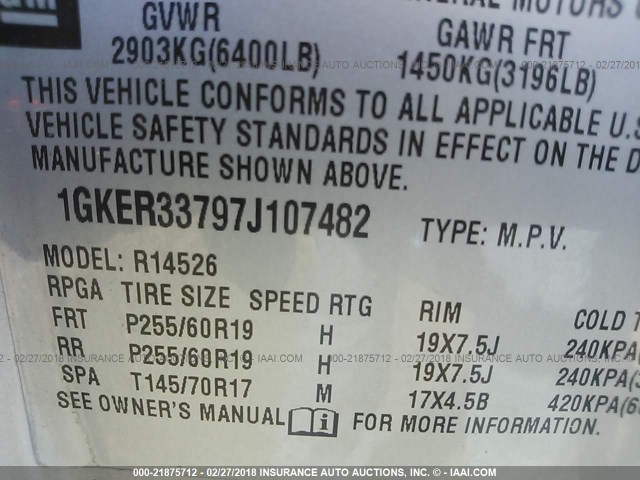 1GKER33797J107482 - 2007 GMC ACADIA SLT-2 SILVER photo 9