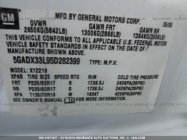 5GADX33L95D282399 - 2005 BUICK TERRAZA CXL WHITE photo 9