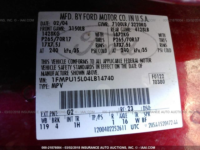 1FMPU15L04LB14740 - 2004 FORD EXPEDITION XLT Qırmızı foto 9