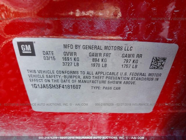 1G1JA5SH3F4181607 - 2015 CHEVROLET SONIC LS 红色 照片 9