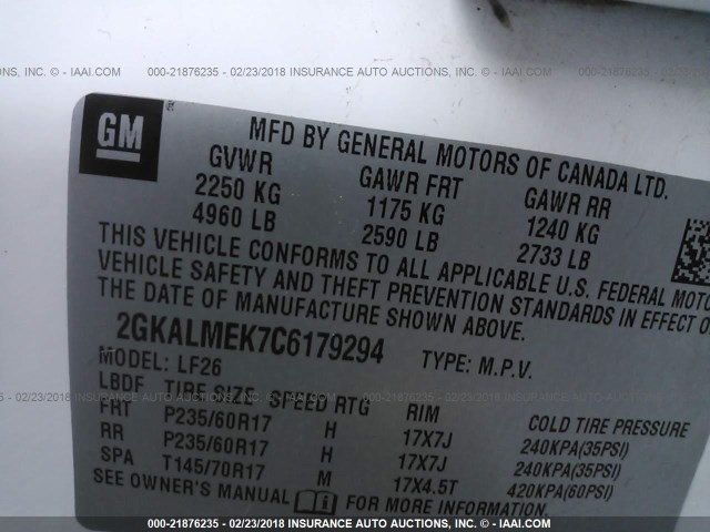 2GKALMEK7C6179294 - 2012 GMC TERRAIN SLE WHITE photo 9