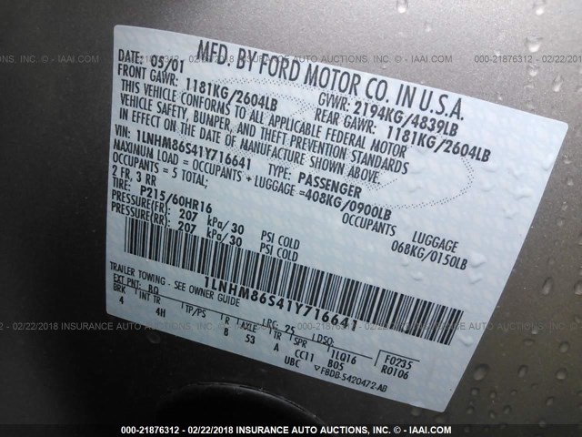 1LNHM86S41Y716641 - 2001 LINCOLN LS 金色 照片 9