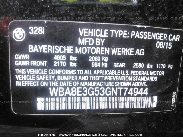 WBA8E3G53GNT74944 - 2016 BMW 328 XI SULEV BLACK photo 9