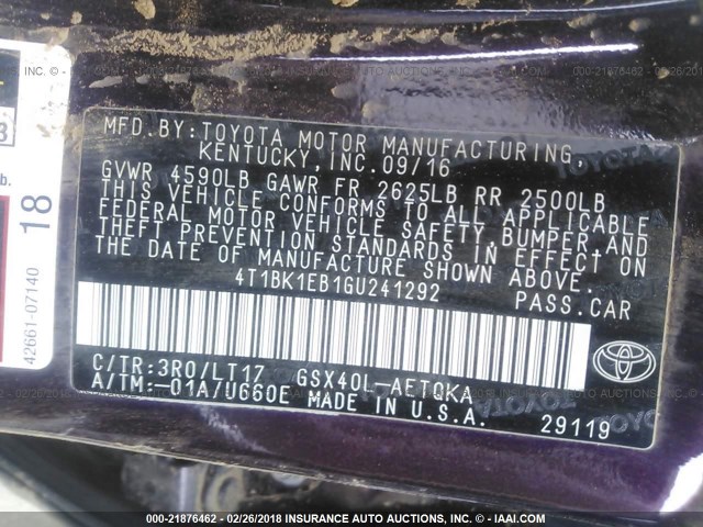 4T1BK1EB1GU241292 - 2016 TOYOTA AVALON XLE PLUS/PREMIUM/TOUR/LTD 勃艮第红 照片 9