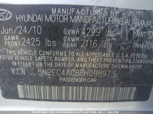 5NPEC4AC8BH098973 - 2011 HYUNDAI SONATA SE/LIMITED SILVER photo 9