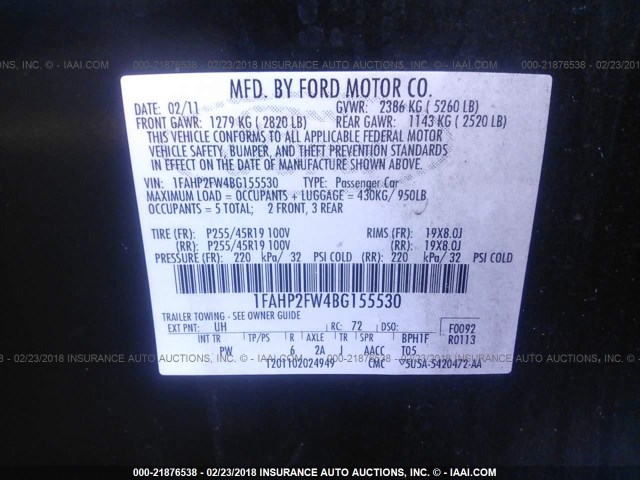 1FAHP2FW4BG155530 - 2011 FORD TAURUS LIMITED BLACK photo 9