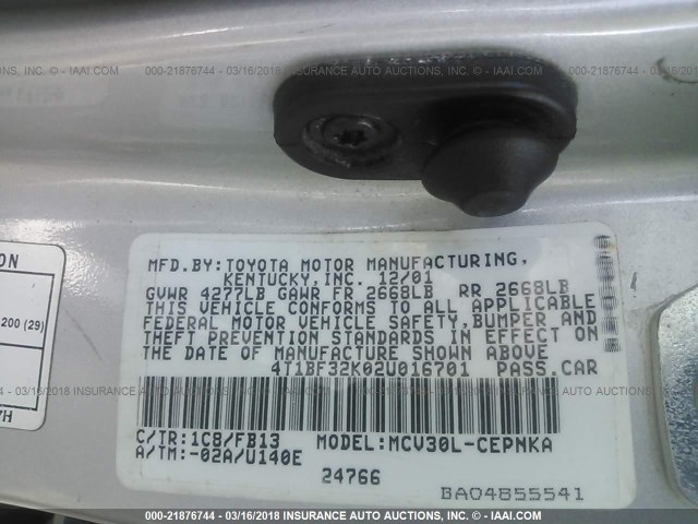 4T1BF32K02U016701 - 2002 TOYOTA CAMRY LE/XLE/SE 灰色 照片 9