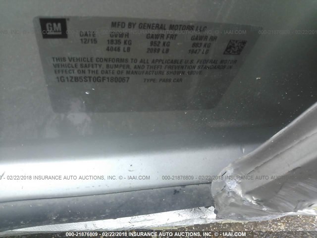 1G1ZB5ST0GF180067 - 2016 CHEVROLET MALIBU LS ვერცხლისფერი ფოტო 9