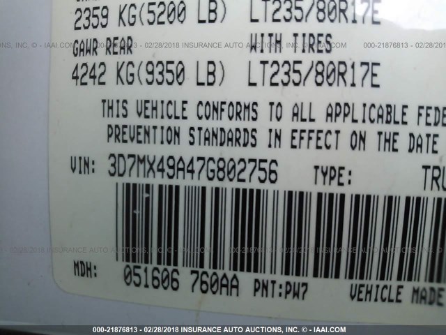 3D7MX49A47G802756 - 2007 DODGE RAM 3500 WHITE photo 10