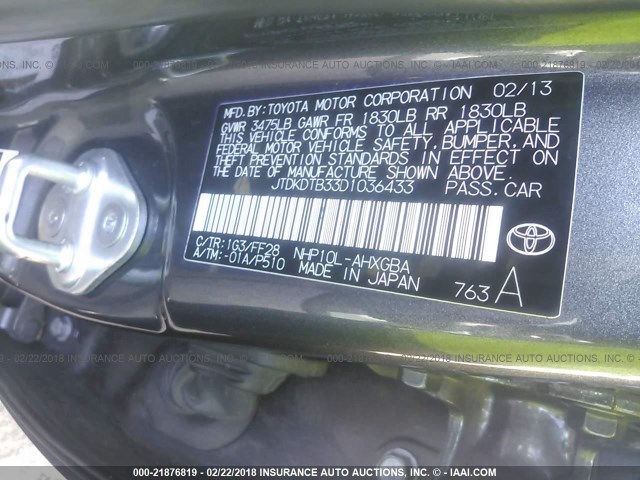 JTDKDTB33D1036433 - 2013 TOYOTA PRIUS C GRAY photo 9