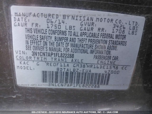 3N1CN7AP1FL822288 - 2015 NISSAN VERSA S/S PLUS/SV/SL BEIGE photo 9