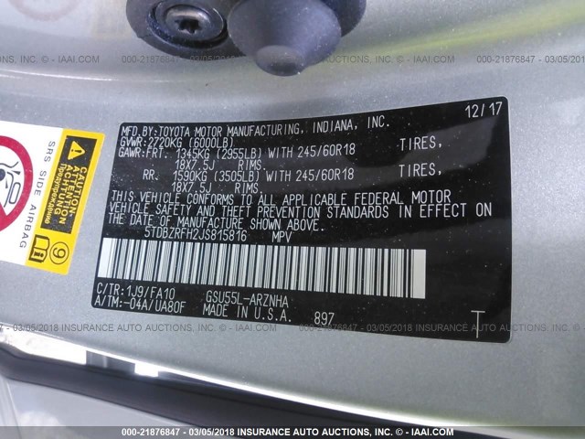 5TDBZRFH2JS815816 - 2018 TOYOTA HIGHLANDER LE/LE PLUS SILVER photo 9