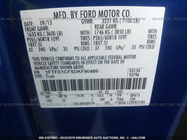 1FTFX1CF5DKF90489 - 2013 FORD F150 SUPER CAB BLUE photo 9