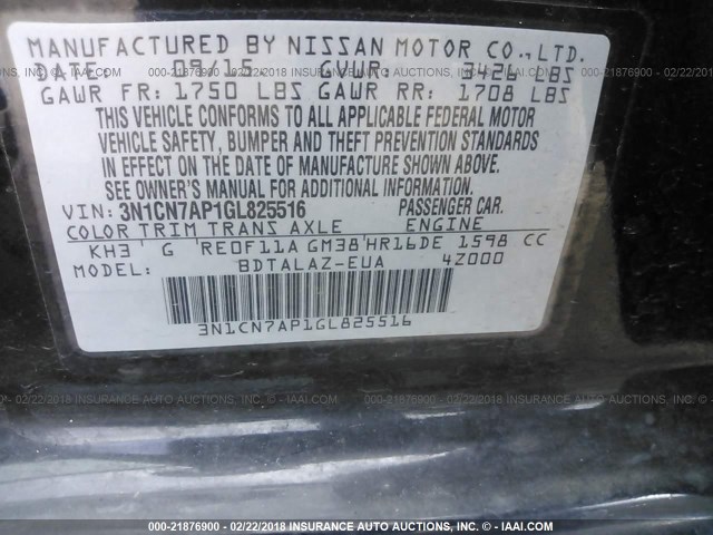 3N1CN7AP1GL825516 - 2016 NISSAN VERSA S/S PLUS/SV/SL BLACK photo 9