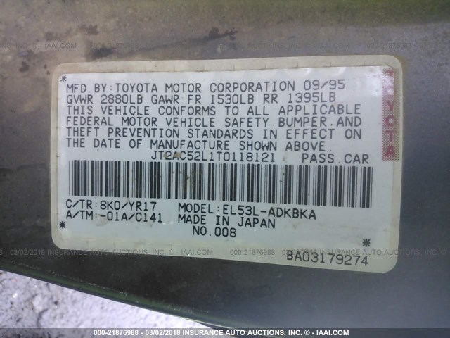 JT2AC52L1T0118121 - 1996 TOYOTA TERCEL STD/DX BLUE photo 9