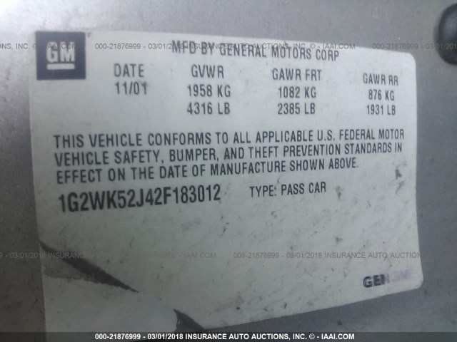 1G2WK52J42F183012 - 2002 PONTIAC GRAND PRIX SE 银色 照片 9